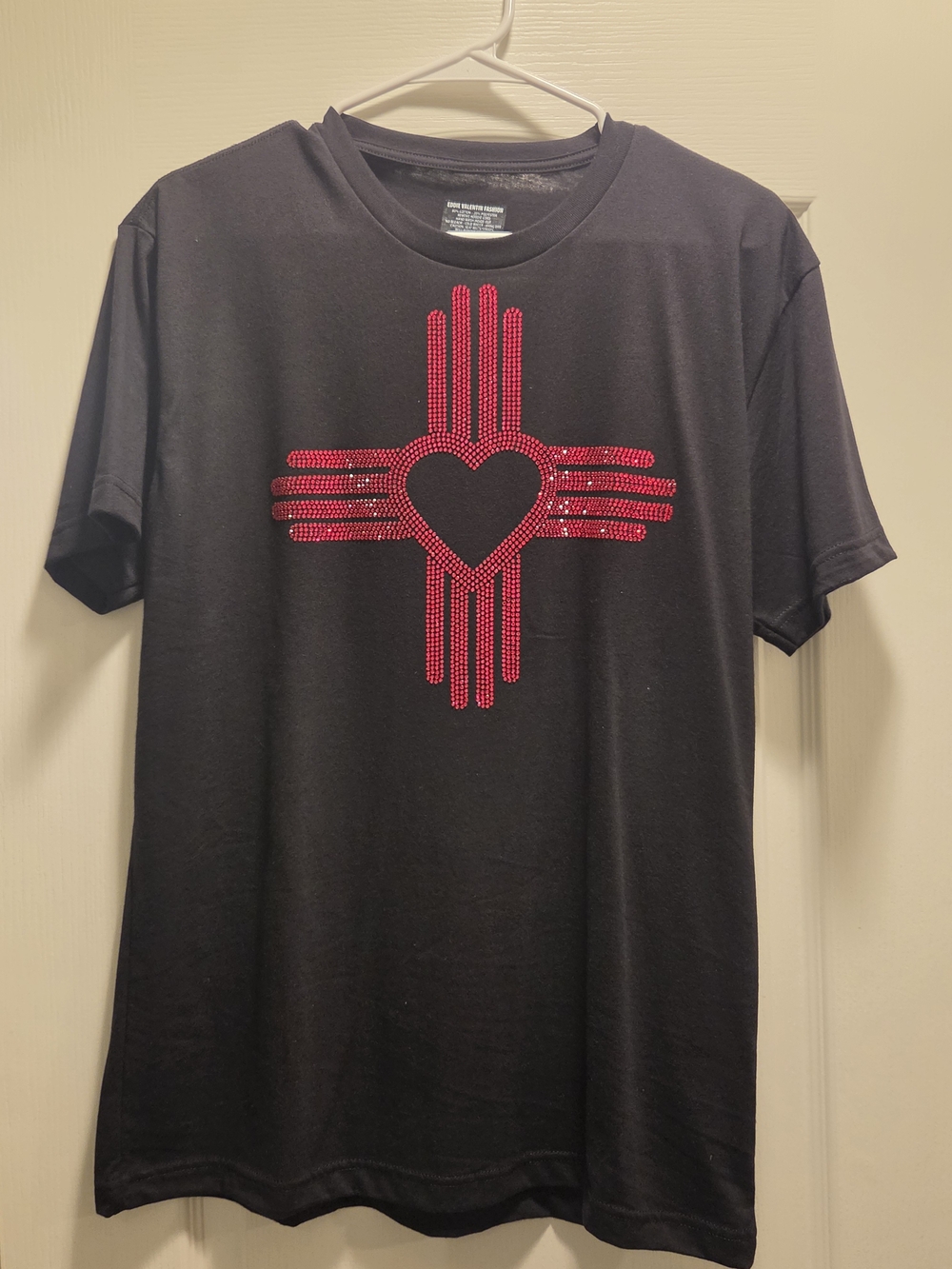 Medium Eddie Valentin Black Graphic T‑Shirt with Red Rhinestone Zia Design